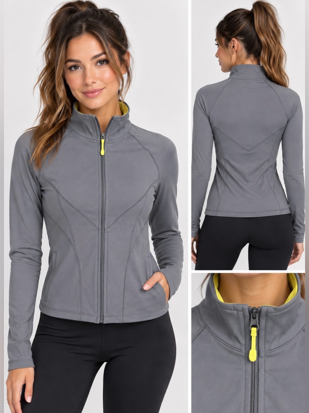 New York & Co. InMotion Women’s XS Gray Zip-Up Jacket with Yellow Trim Pockets